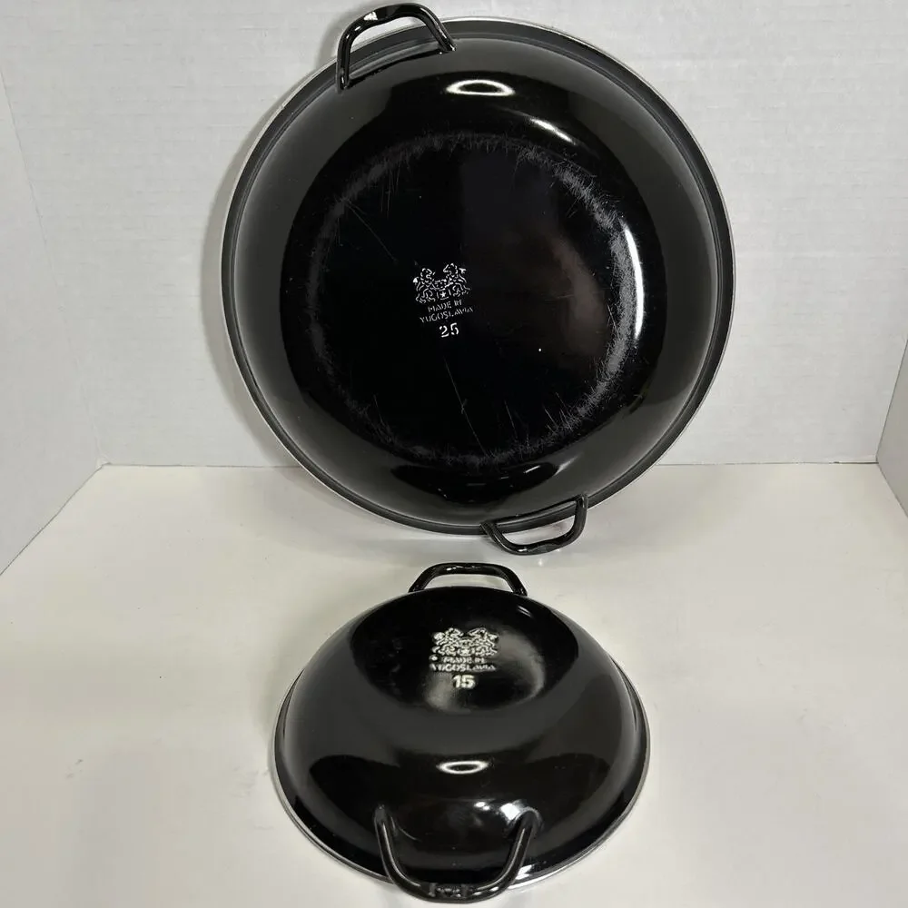 Vtg MCM Emo Celji Style Nesting Enamel Metal 2 Saute Pans Yugoslavia Blue Red